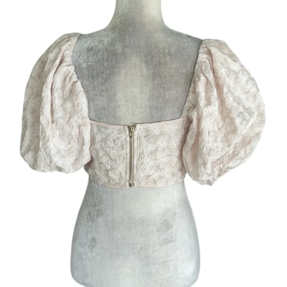 Anthropologie Miou Muse Blush Pink Embroidered Puff Sleeve Ruched Crop Top - M